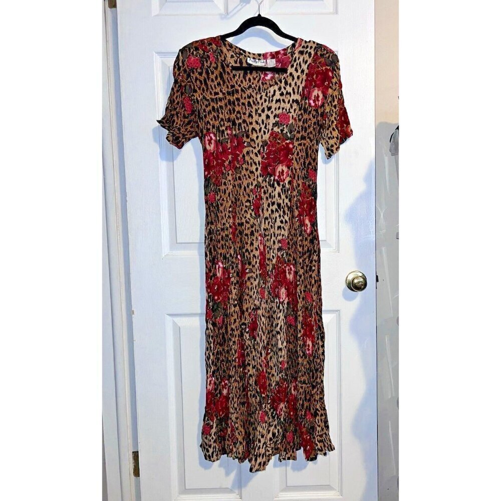 Vintage PRETTY PINK Short Sleeve Crinkle Animal Print Maxi Dress Gypsy 90s